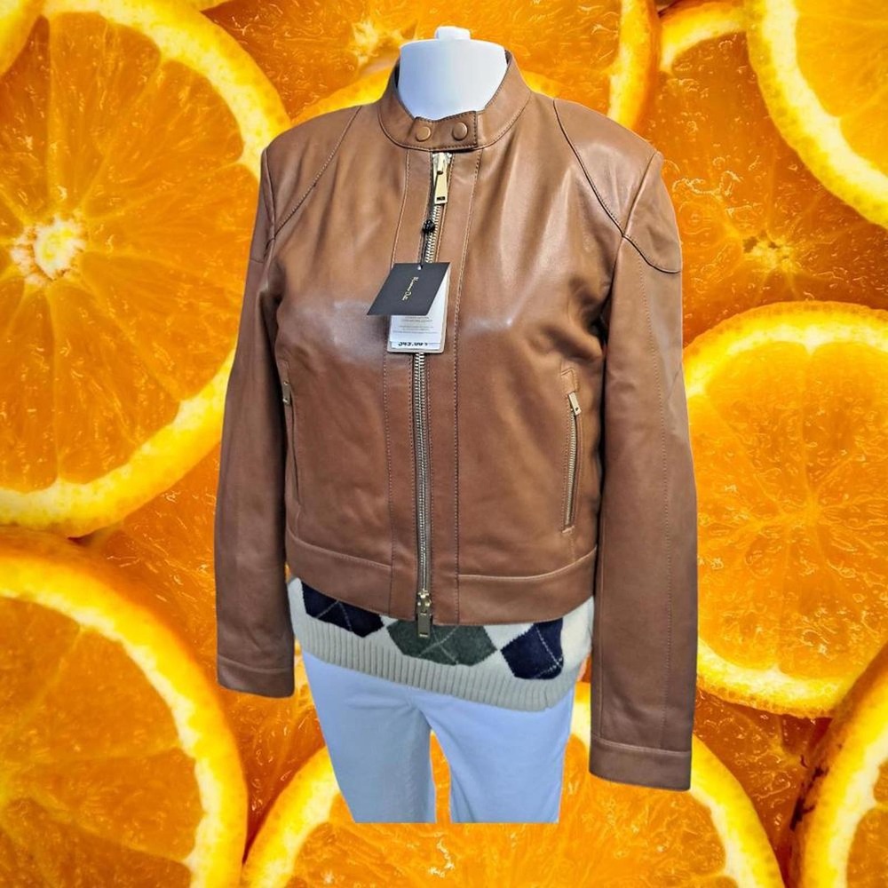 NWT Massimo Dutti Tan Leather Motorcycle Jacket 4702 Small